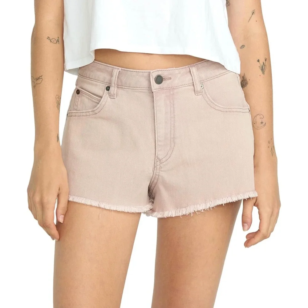 NWT Volcom 1991 Stoned Denim Shorts Womens High Rise Baggy Frayed Hem Mauve 31
